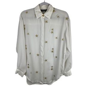 Melbourne Classix Women Size Small Sheer Button Up Embroidered Gold Star Blouse